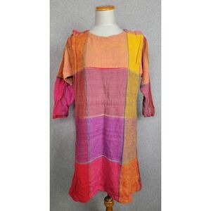 Vintage Adini Bright Plaid Color Block Cotton Shift  Dress Nepal Large